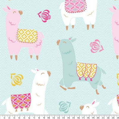 Premium Anti-Pill Happy Llamas White Teal Fleece B975 