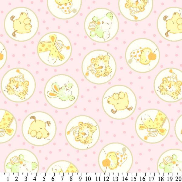 Anti-Pill Baby Animals In Circles Pink Fleece 619